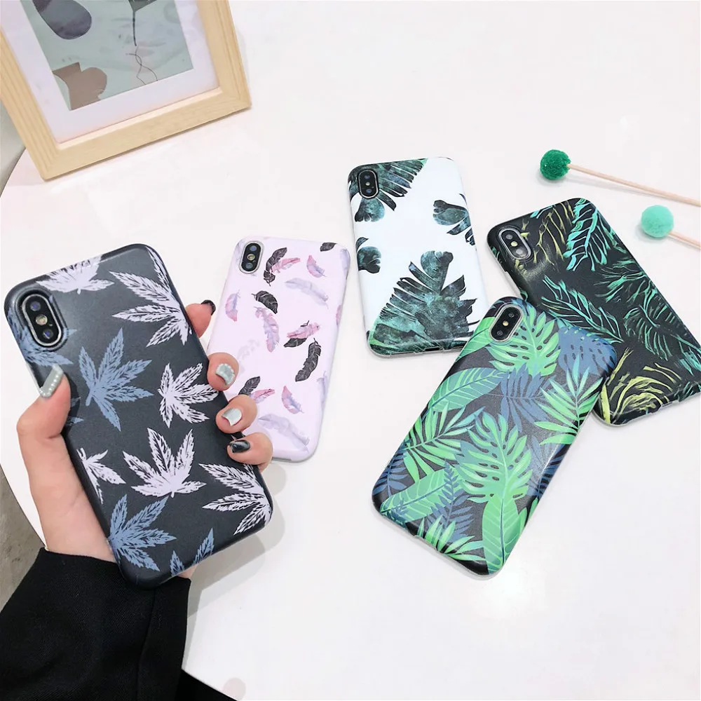 

Palm Leaf Phone Case for iPhone X 6s 6 8 7 Plus Cute Maple Shell Soft Cover Bumper Flowers Skins Fitted Cases