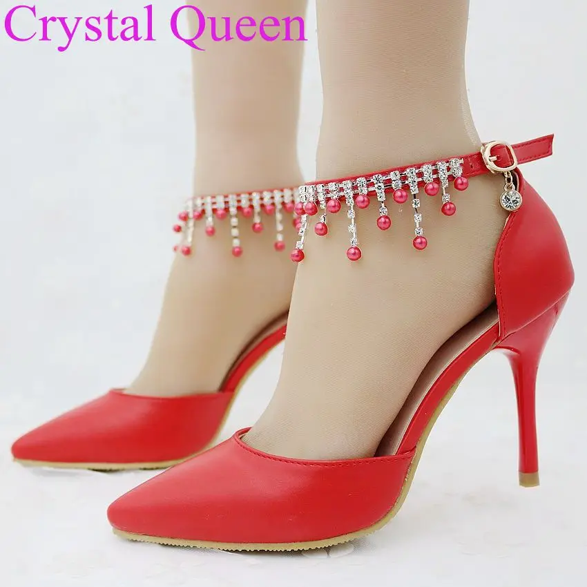 String Bead thin high heels sandals red pointed toe high heels sandals