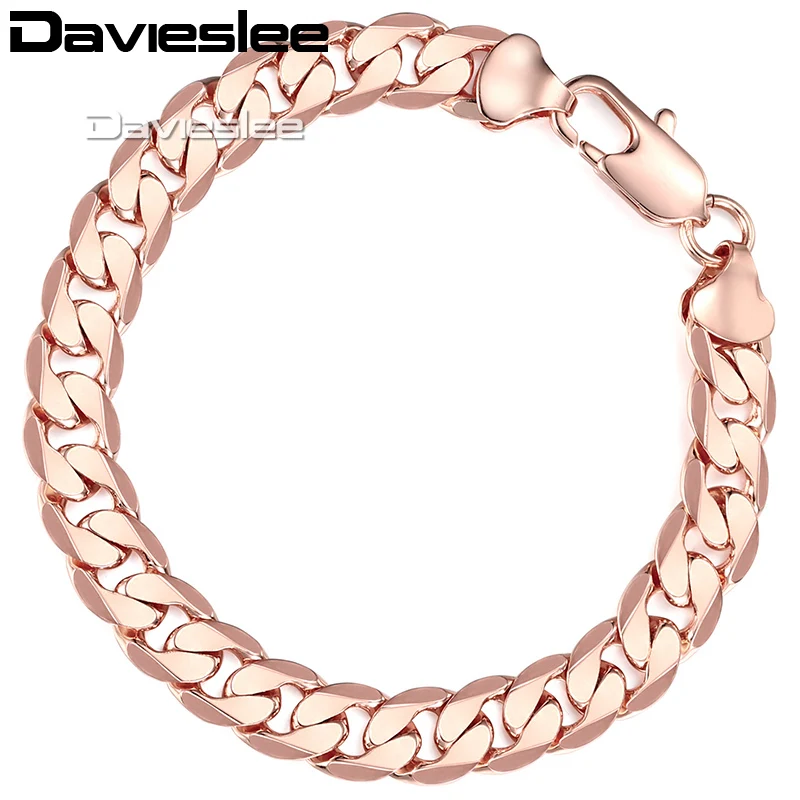 

Davieslee Bracelets For Men Flat Cut Curb Cuban Link Chain 585 Rose Gold Men's Bracelet Male Jewelry 2018 Wholesale 10mm LGB157