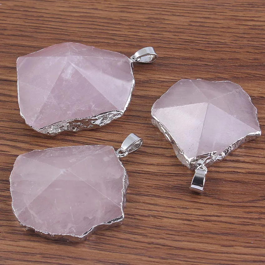 Natural Gnergy Gemstone~ Silver Plated Natural Healing Crystal Quartz Purple Irregular Shape Amethysts Rose Pink Quartz Rock Stone Pendant Jewelry 6 AA00206009005b