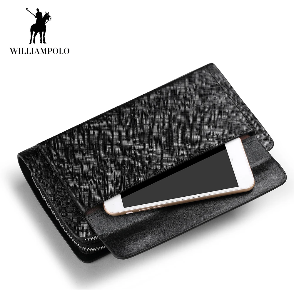WILLIAMPOLO New Men Wallet Genuine Leather Long Clutch Phone Pocket Card Holder Handbag Double Zipper Detachable Wristlet Black