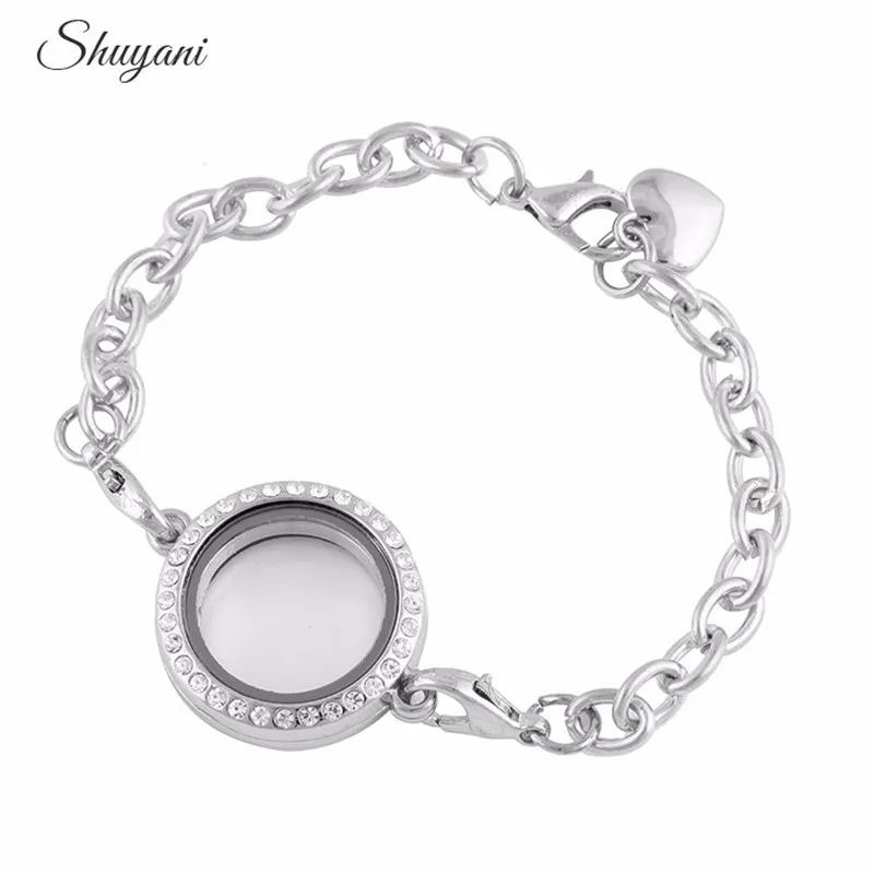 

Shuyani Floating Locket Bracelet 25MM Round Locket Bracelet with Rhinestones Magnetic Glass Memory Charms Bracelet