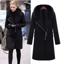 Зимнее шерстяное пальто Для женщин Мода года темперамент косой молнией меховой воротник длинное шерстяное пальто отложной воротник тонкие пальто BF454
