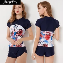 Plus Size Swimwear 4XL Women Bikinis 2 Pcs/Set Floral Printed Short Sleeve Shirt & BoyShorts Conservative Girl Swimsuit plus size short sleeve floral pattern swimwear for women