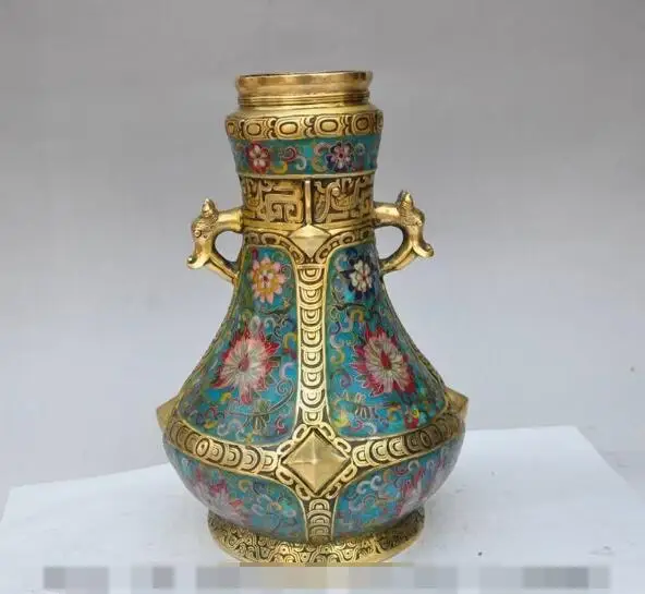 

S3516 13" china bronze Cloisonne Enamel gilt beast head statue Zun Cup Bottle Pot Vase