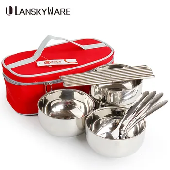 

LANSKYWARE Portable Outdoor Tableware Set Family Dinnerware Set With Stainless Steel Portable Bag For Kids Camping Picnic Set