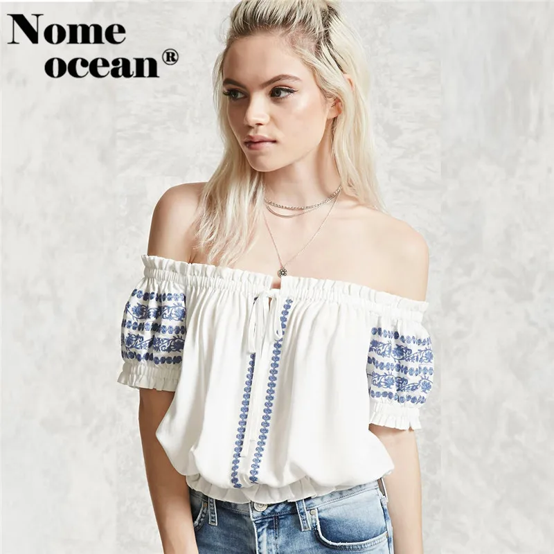 Off The Shoulder Bohemian Blouses Elastic Band Drawstring Floral