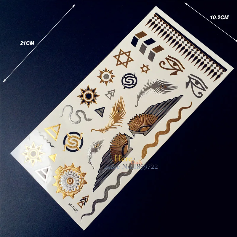 

1PC Gold Silver Flash Metalic Tattoo MT022 Wing Snake Peacock Feather Eye Finger Cute Totem Waterproof Temporaory Tattoo Sticker