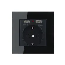 Germany Crystal Glass Panel Dual Usb Charge Port 2.1a Wall Charger Adapter Led Indicator 16a Eu Socket Power Outlet Black Color