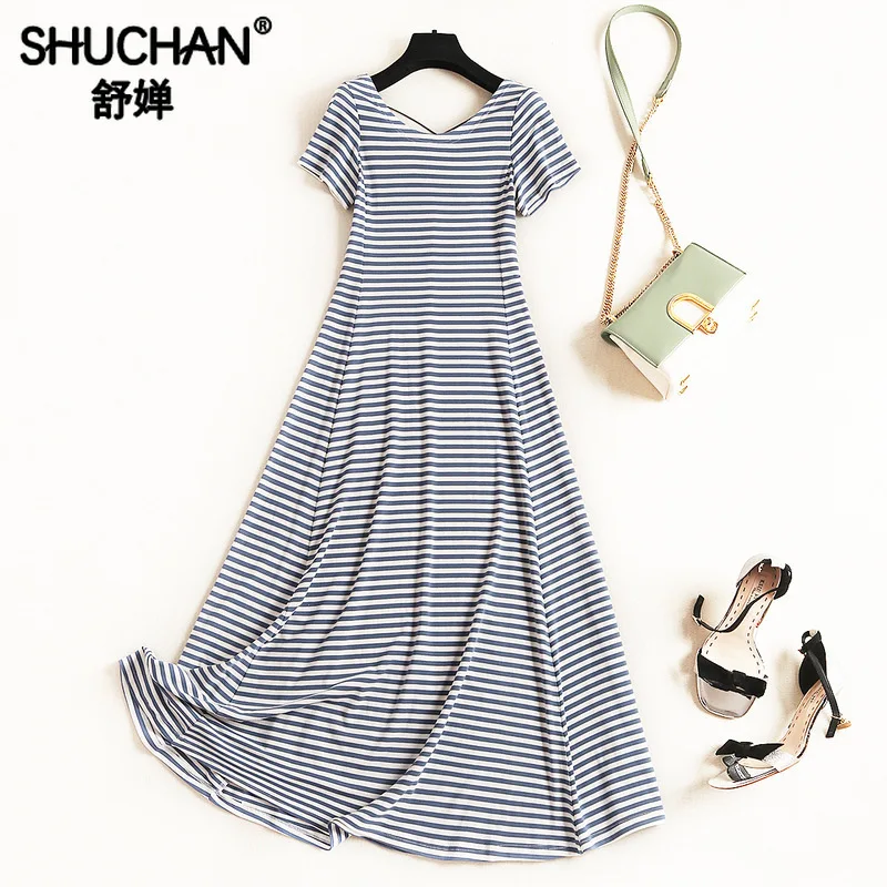 

Shuchan Casual A-Line Striped Mid-Calf dress long maxi dress for women vestidos largos de verano Korean fashion dresses 51495