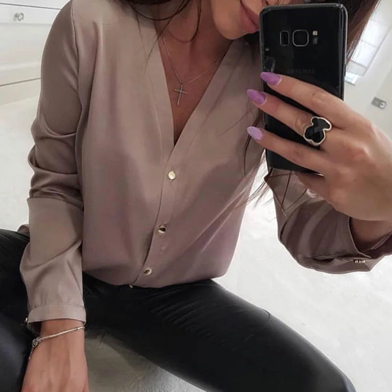  Women Clothing Summer Long Sleeve Sexy V Neck Chiffons Shirt Office Ladies New Loose Solid Buttons 