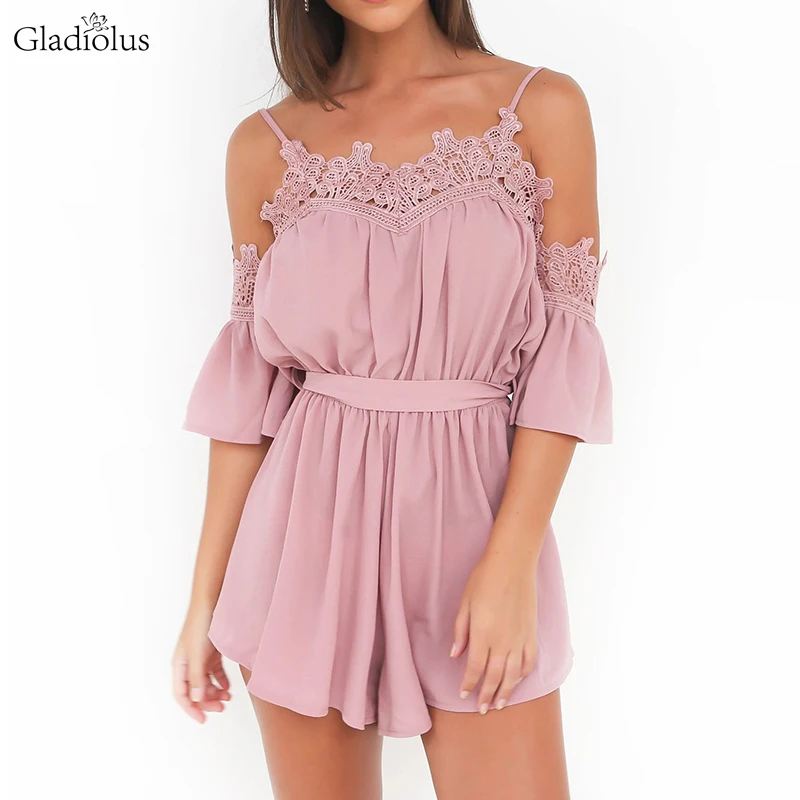 Gladiolus шифоновый комбинезон женский короткий рукав ремень туника кружева спинки