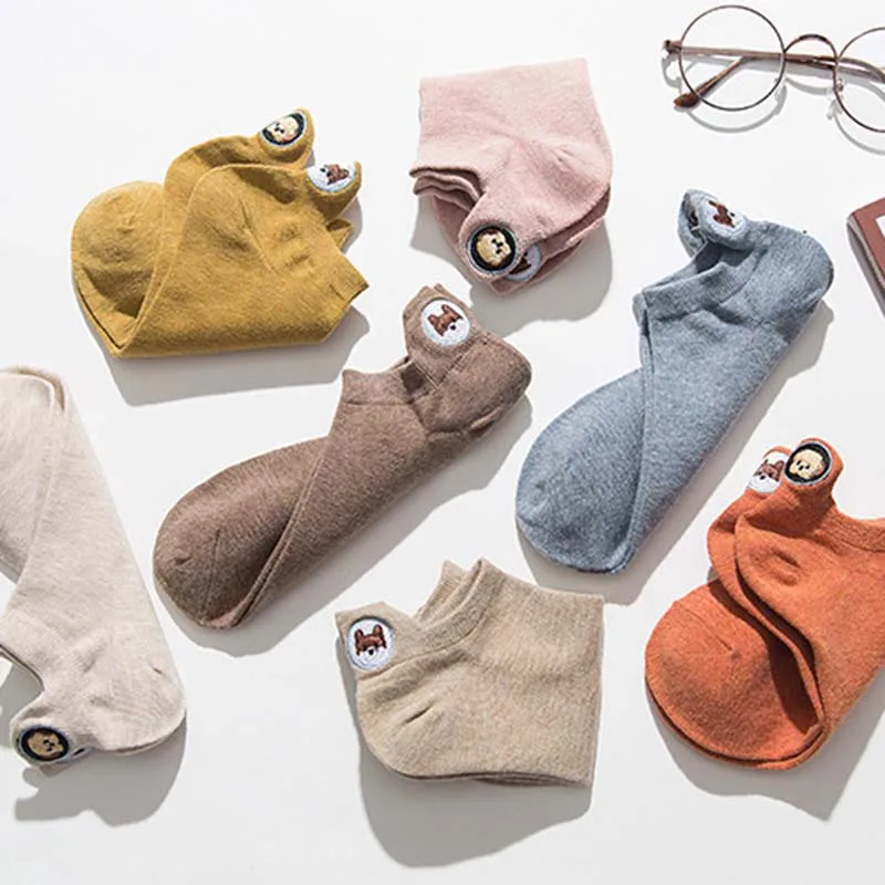 Harajuku Skarpetki Funny Ankle Socks Embroidery Animal Pug Cute Socks Women Divertidos Creative Sokken Kawaii Chaussette Femme
