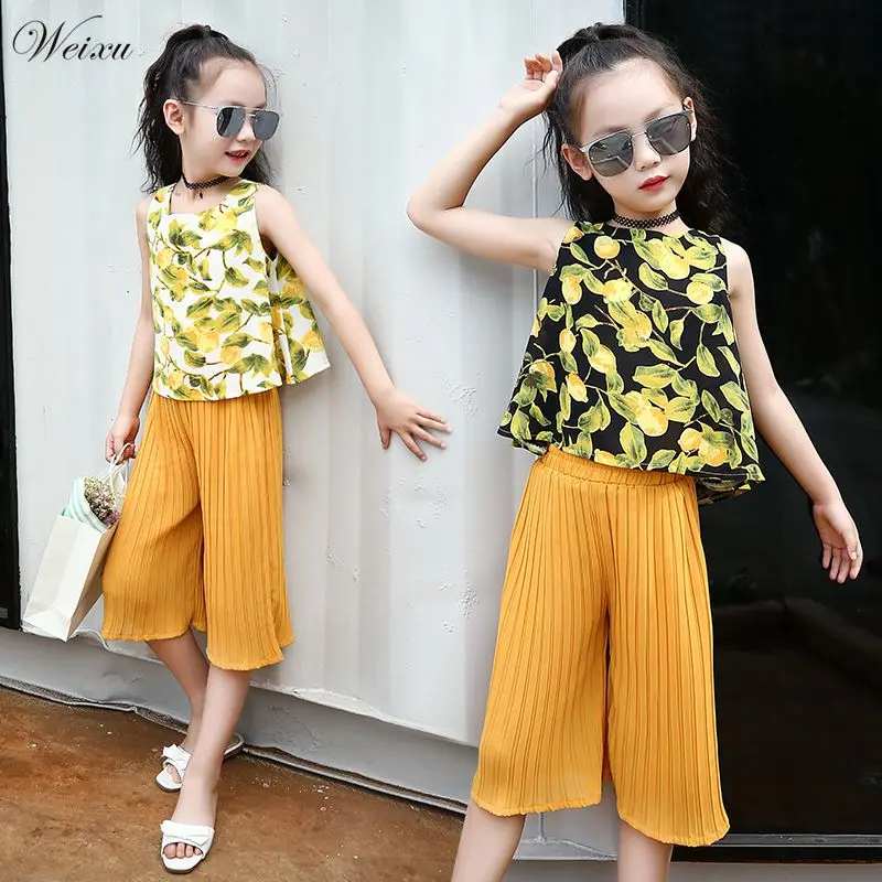 

Summer 2019 Teenager Girls Clothing Chiffon Sleeveless Top + Pants Set Children's Clothes for Girls 3 5 6 7 8 10 12 14 Years Old