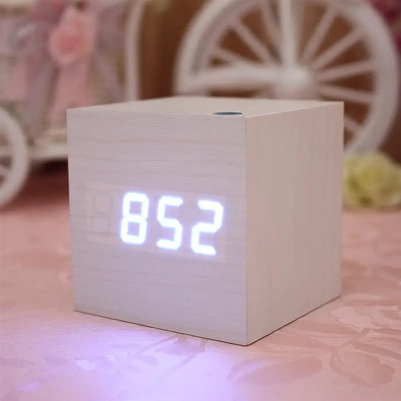 Mini Cube Shaped Home Office Desk Wooden Digital Alarm Clock Sound-Sensitive Clocks and Temperature