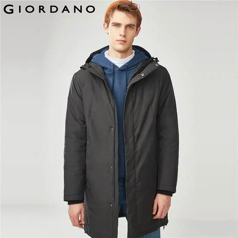 

Giordano Men Jacket Men Solid Color Hooded Long Quilted Jacket Mens Simple Style Adjustable Hood Zip Placket Winter Jacket Men