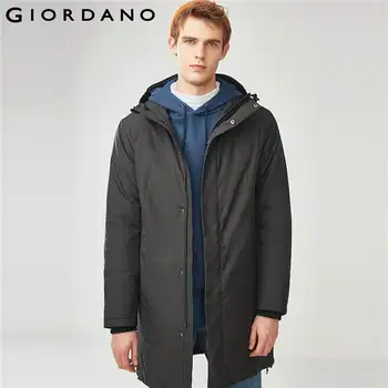 Giordano Men Jacket Men Solid Color Hooded Long Quilted Jacket Mens Simple Style Adjustable Hood Zip Placket Winter Jacket Men