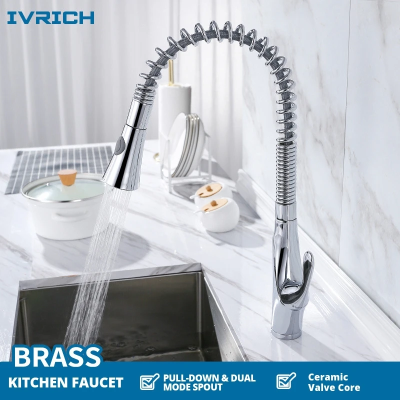 IVRICH Brass Dual Mode Effluent Kitchen Faucet Spring Tube Appearance Pull-Down Resilience Sink Mixer VR2311C IVRICH Brass Dual Mode Effluent Kitchen Faucet Spring Tube Appearance Pull-Down Resilience Sink Mixer VR2311C
