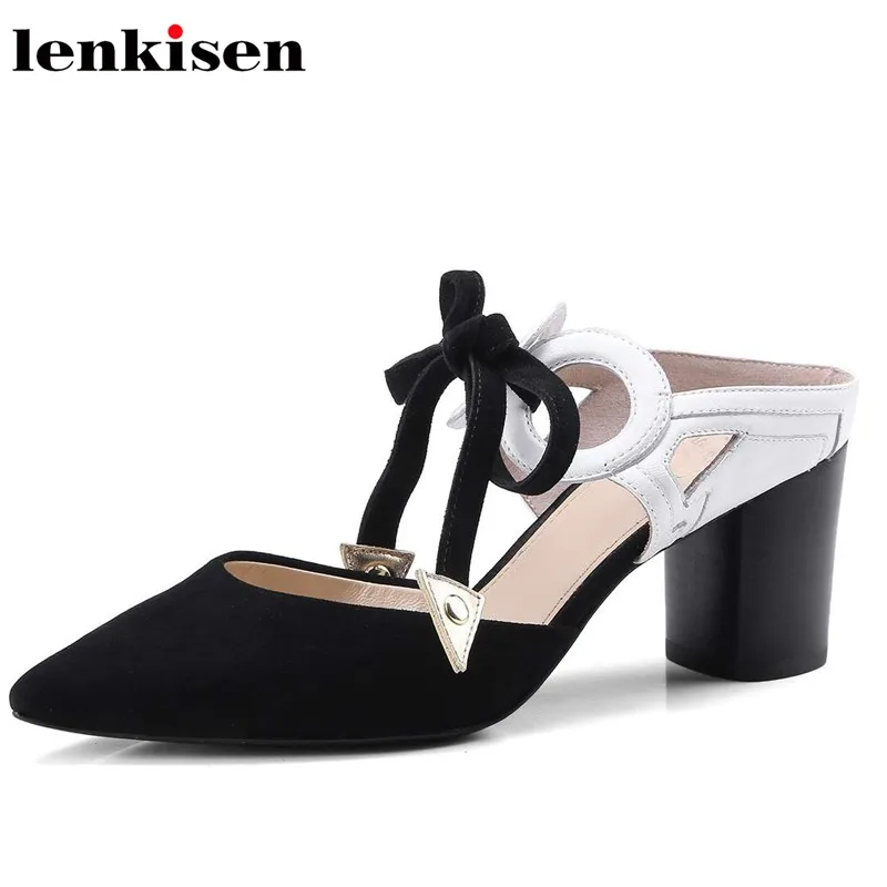 

Lenkisen full grain leather pointed toe rivet slip on butterfly-knot high heel mixed colors sweet party runway women sandals L53
