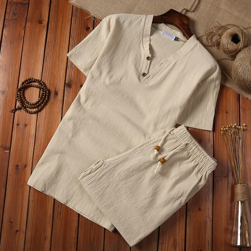 Летние мужские рубашки из хлопка и льна с коротким рукавом, мужские повседневные рубашки, большие размеры от M до 5XL(рубашка+ шорты