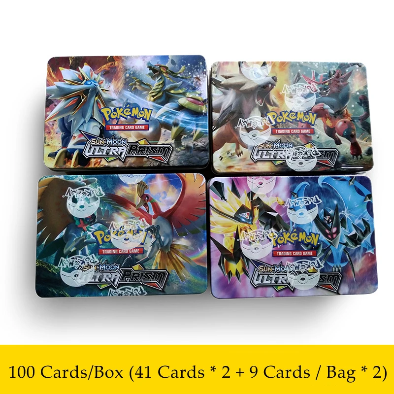 

100pcs/pack Pokemon TGC Sun and Moon English Edition Iron Box Paper Card Game Battle Card Kids Toy Gift