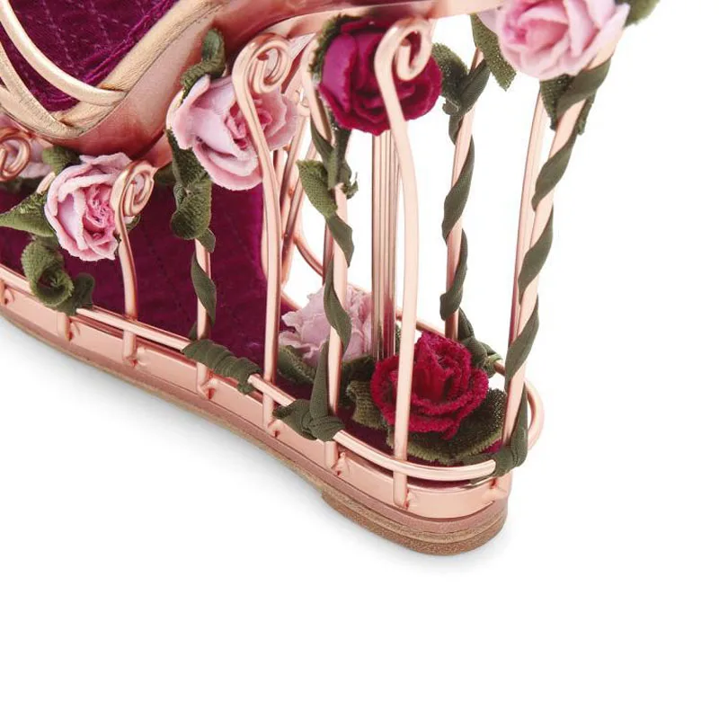 Top Quality Platform Shoes Summer Women Hollow Wedges Rose and Leaves Studded Sandals Wedding/Party Shoes 17CM Super High Heels