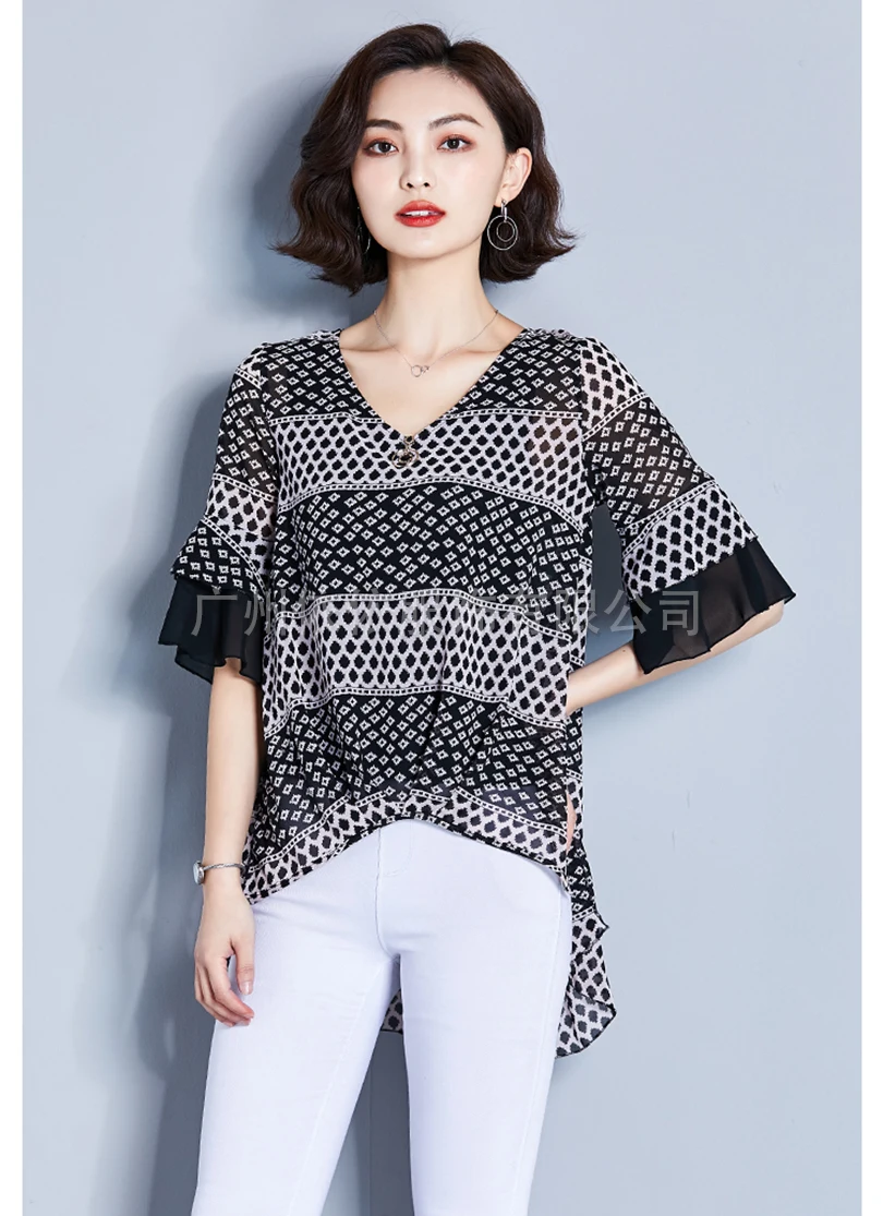 Spring and summer new style New large size M-4XL women's clothing Temperament V-neck chiffon irregular bottoming top