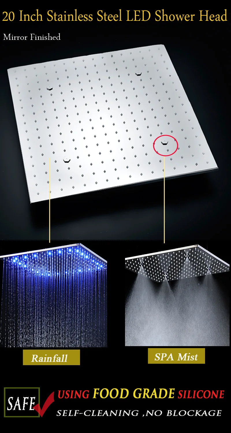 Популярный 20 ''из нержавеющей стали светодио дный светодиодный дождь и туман душевая головка потолочный массажный спрей с регулируемыми