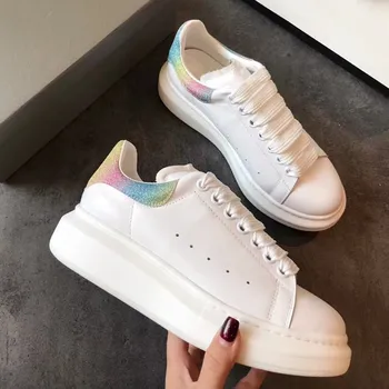 

Colorful Glitter Women White Tennis Shoes Rainbow Color Genuine Leather Lace-up Sneakers Ladies Casual Platform Flat Shoes