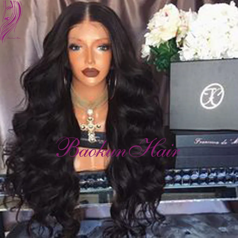 Natural Hairline Synthetic Lace Front Wig Black Color Middle Part Wigs Heat Resistant Body Wave For Women |