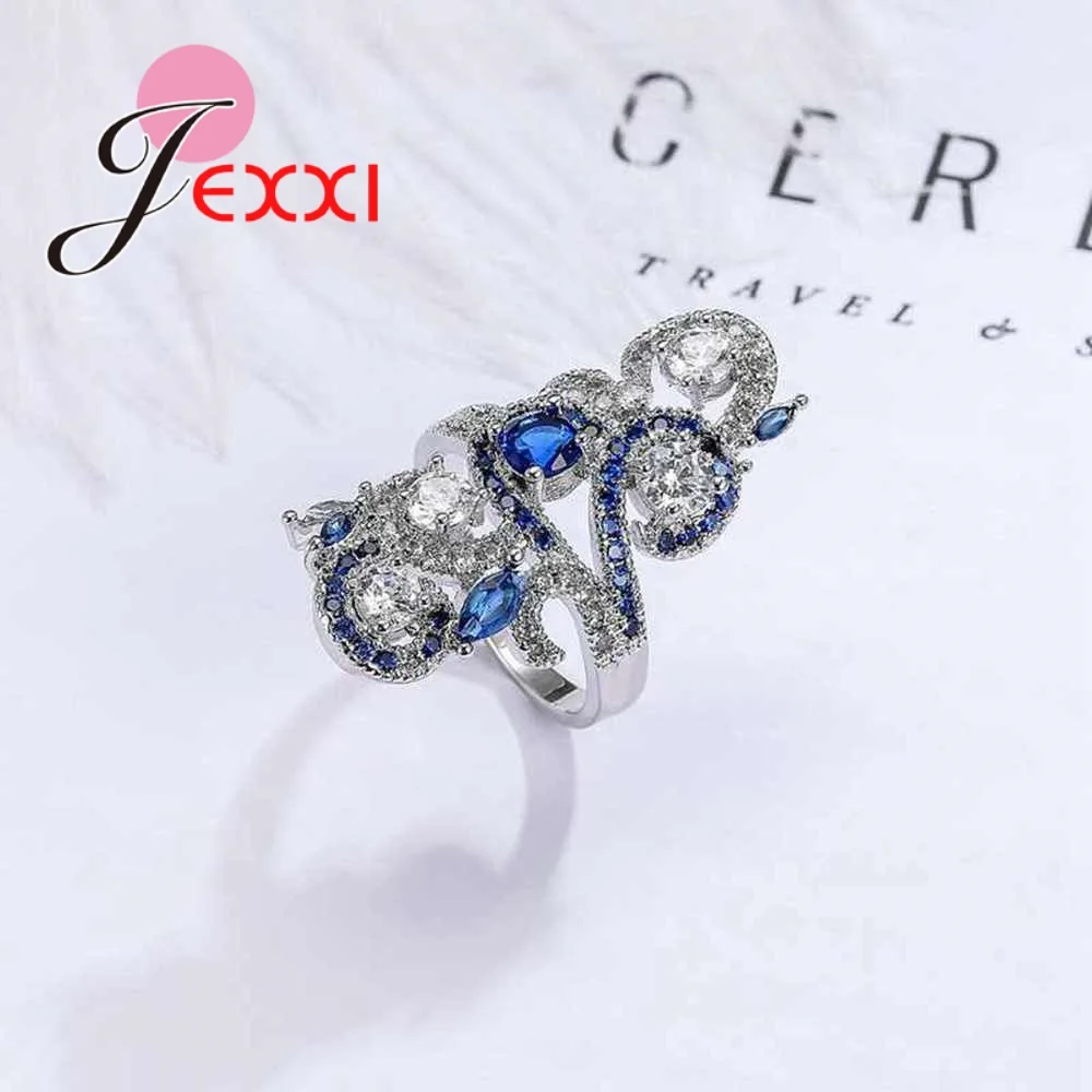 JEXXI Punk Style Blue & White CZ Crystal Hollow Flower Finger RIngs 925 Sterling Silver for Women Girls Wedding Party Jewelry