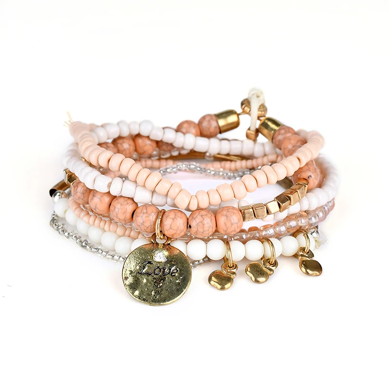 Bohemian Candy Color Multilayer Beads Bracelets Bangles For Women Jewelry Letter LOVE Charm Bracelet Gifts Girlfriend Pulseras