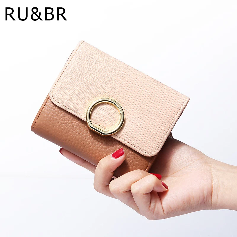 RU & BR Novo Couro Genuíno Bolsa Lady Verão Curto Cartão de Couro Pequena Mulheres Carteira Retro 3 Fold Dinheiro Mandris titular