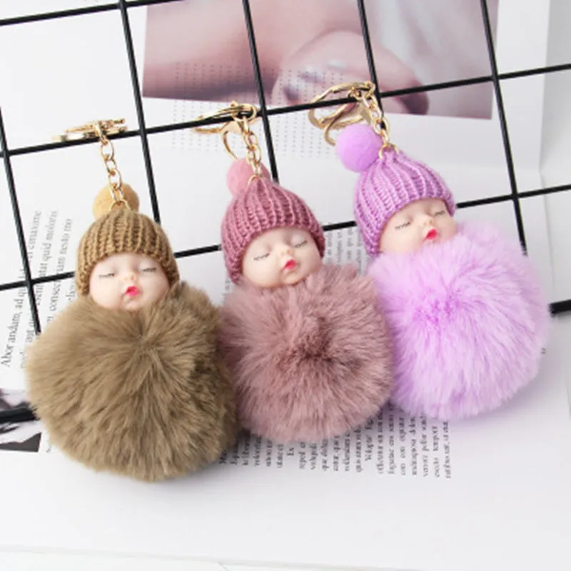 10pcs Fashion Sleeping Baby Doll Keychain Pompom Rabbit Fur Ball Key Chain Car Keyring Women Holder Bag Pendant Charm Gifts | Украшения и