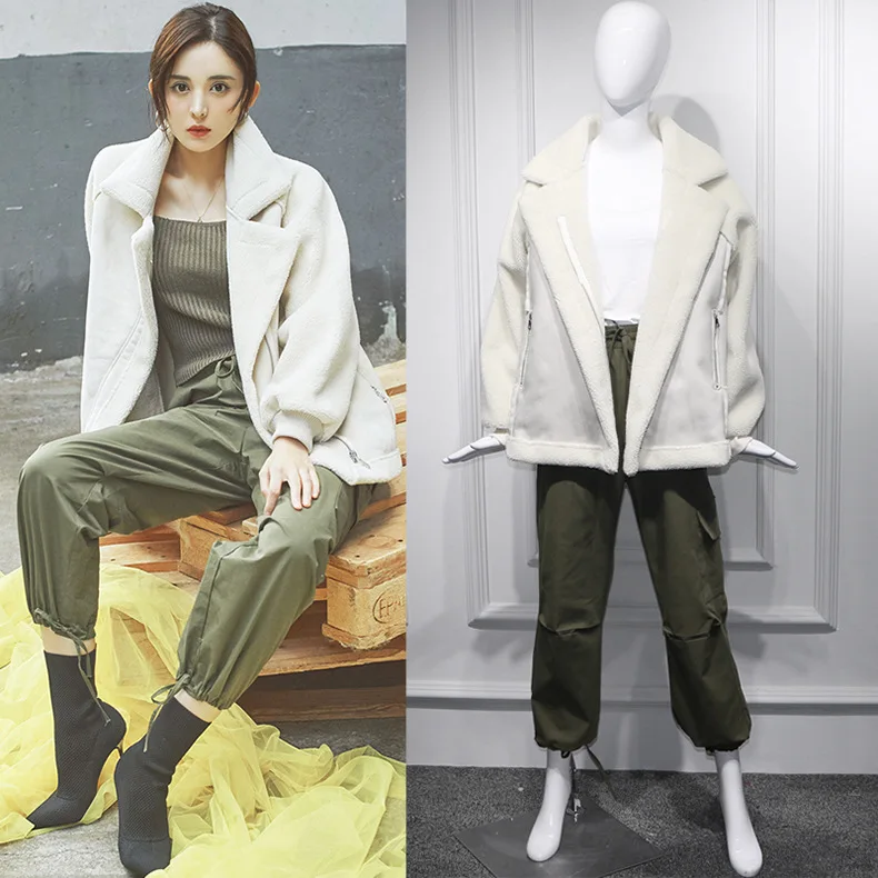 Для женщин 2018 комплекты осенней оленьей овечьей шерсти кожаные пальто бежевый Куртка Топы + модные зеленые штаны китайская актриса Костюмы