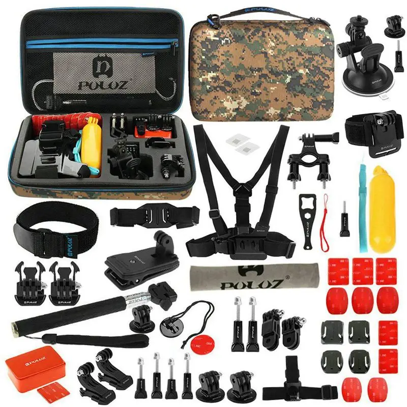 

PULUZ 53 in 1 Accessories Kits(Chest Strap+3-Way Pivot Arms+J-Hook Buckle+Wrist Strap+Helmet Strap+Monopod+Surface Mounts+Trip