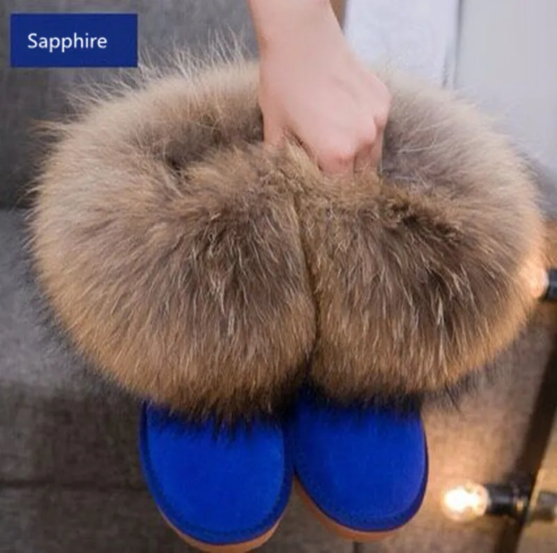 

Winter Natural Real Big Fox Fur Gneuine Leather Recoon Fur Snow Boots Women Low Short Tube Ankle Boots Female Sapphire Fur Boots
