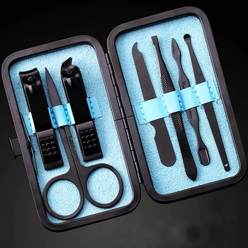 

7PCS black manicure pedicure set nail clipper trimmer black stainless Steel nail cutter files earpick nail scissors tools