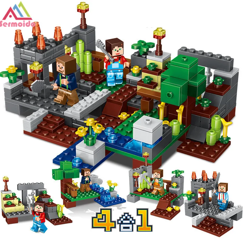 

267pcs 4 in1 Town Group Minecraft Figures Building Blocks Compatible Legoings Minecraft City Steve Alex Skeleton Bricks