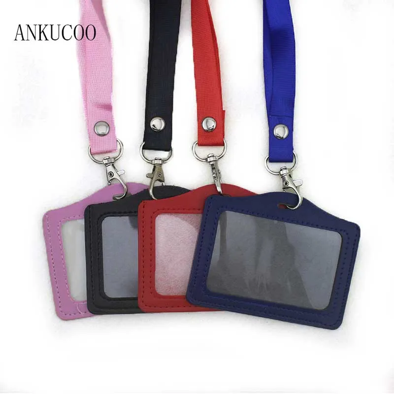 

Women Men Name Credit Card Holders Horizontal PU Bank Card Neck Strap Card Bus ID holder candy color Identity badge with lanyard
