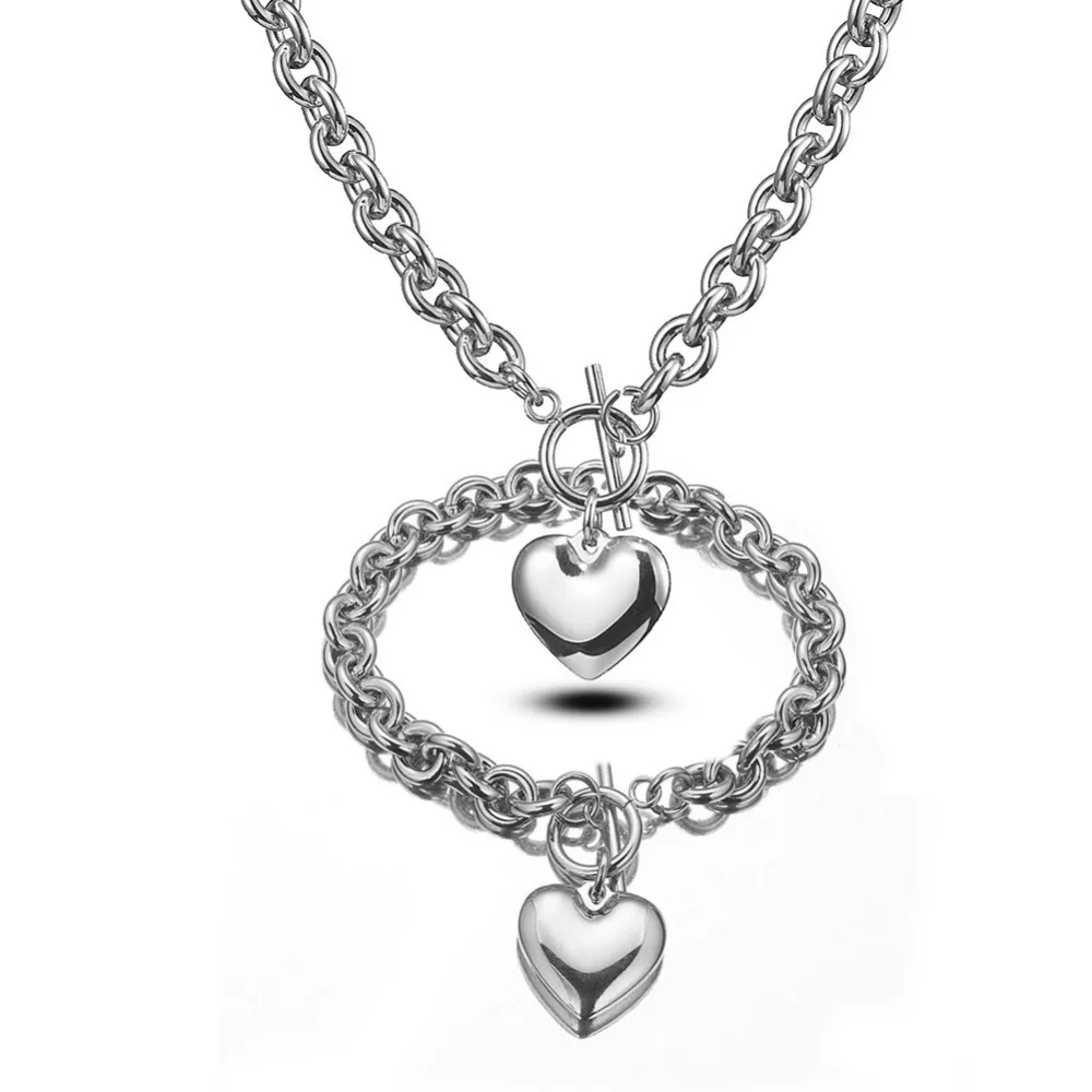 

8mm Fashion Womens Girls 316L Stainless Steel Silver Rolo O Link Chain Heart Pendant Necklace And Bracelet Jewelry Sets Hotsale
