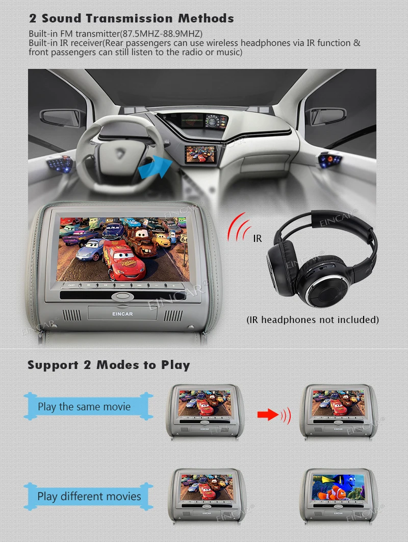 Cheap Eincar 9inch 2PCS Car DVD Player Pillow Headrest Multimedia LCD Wide Screen Auto Monitor Support 32 Bit Games IR FM+IR headphone 4
