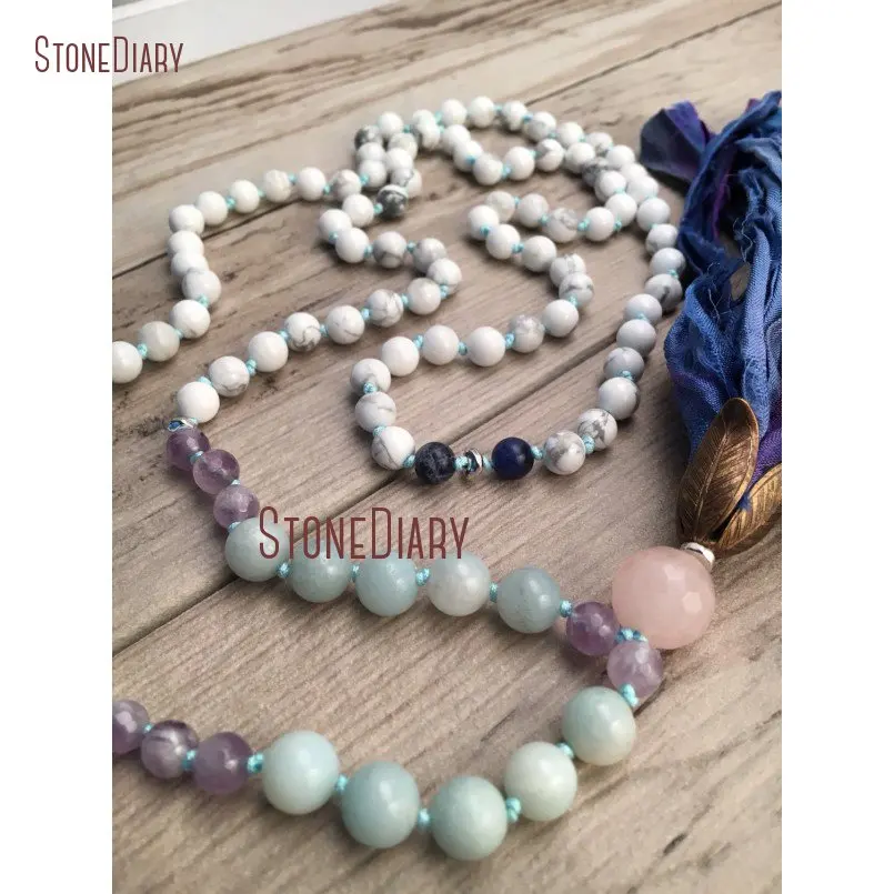20180313-NM11111-Gemstone Mala Necklace Sari Silk Tassel 108 Mala Necklace Mala Beads Boho Tassel Amethyst and Amazonite Hand Knotted Yoga Jewelry Lotus_3