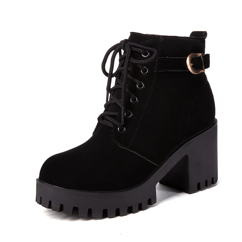 

2019 New Spring Autumn Women Shoes Black High Heels Soft Leather Platform Buckle Lacing Ankle Boots Chunky Heel CS-585