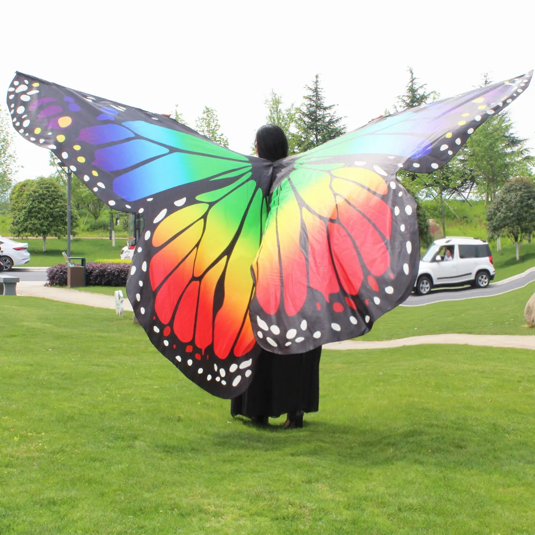 360 градусов вращающийся бабочка крыло шаль украшены для женщин бабочка печати шифон пляжные шарфы танец живота нет палки
