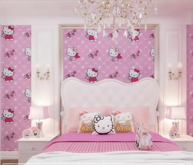 Us 19 38 66 Off Pink Cartoon Character Lovely Hello Kitty Cat Design Wallpaper For Baby Girls And Boys Bedroom Decor Pvc Adhesive Wall Sticker In
