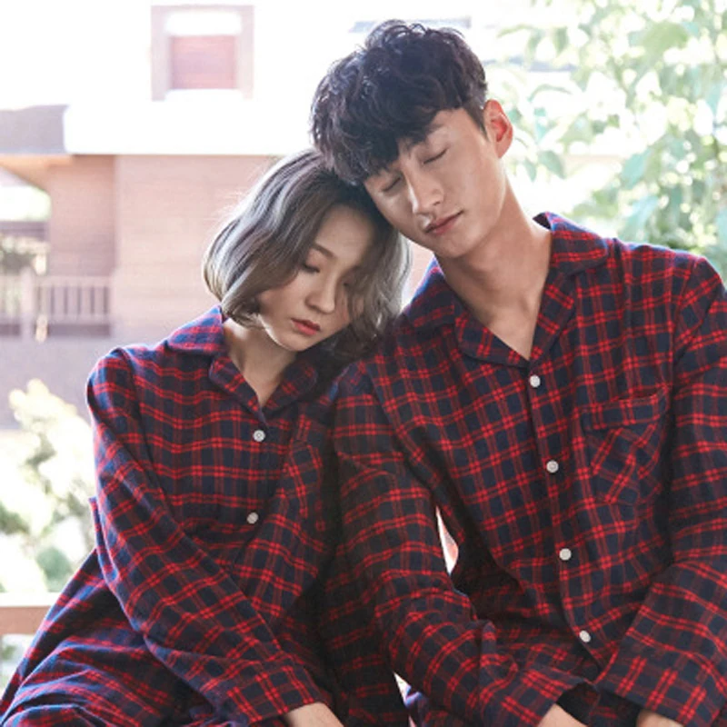 Scottish checkered couple pajamas men cotton long-sleeved autumn and winter simple casual home service suit