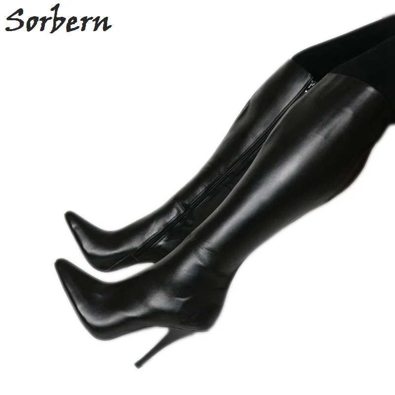 

Sorbern Custom Wide Calf Boots For Customer Knee High Boots Pointy Toes 12Cm High Heel Womens Shoes Size 13 Black Matte Booties