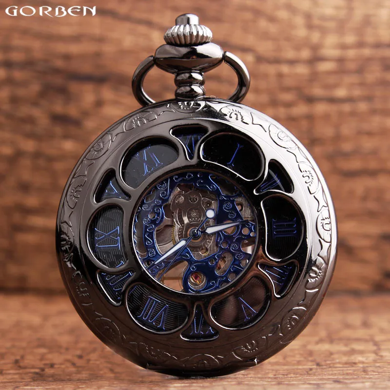 Новый Античная полые цветок Механический ручной взвод карман Часы синий римские цифры набора карман Часы Для мужчин часы FOB цепи