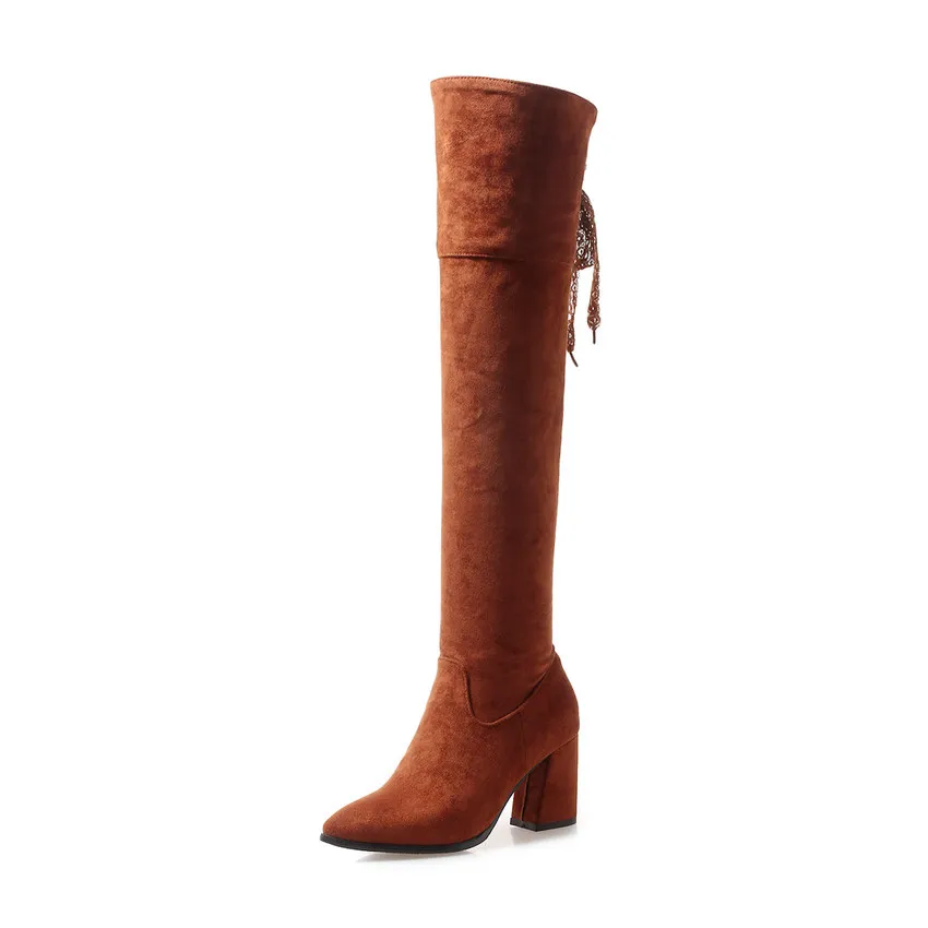 QUTAA/ г. Женские зимние сапоги выше колена на высоком квадратном каблуке с острым носком женская обувь женские ботинки большой размер 34-43
